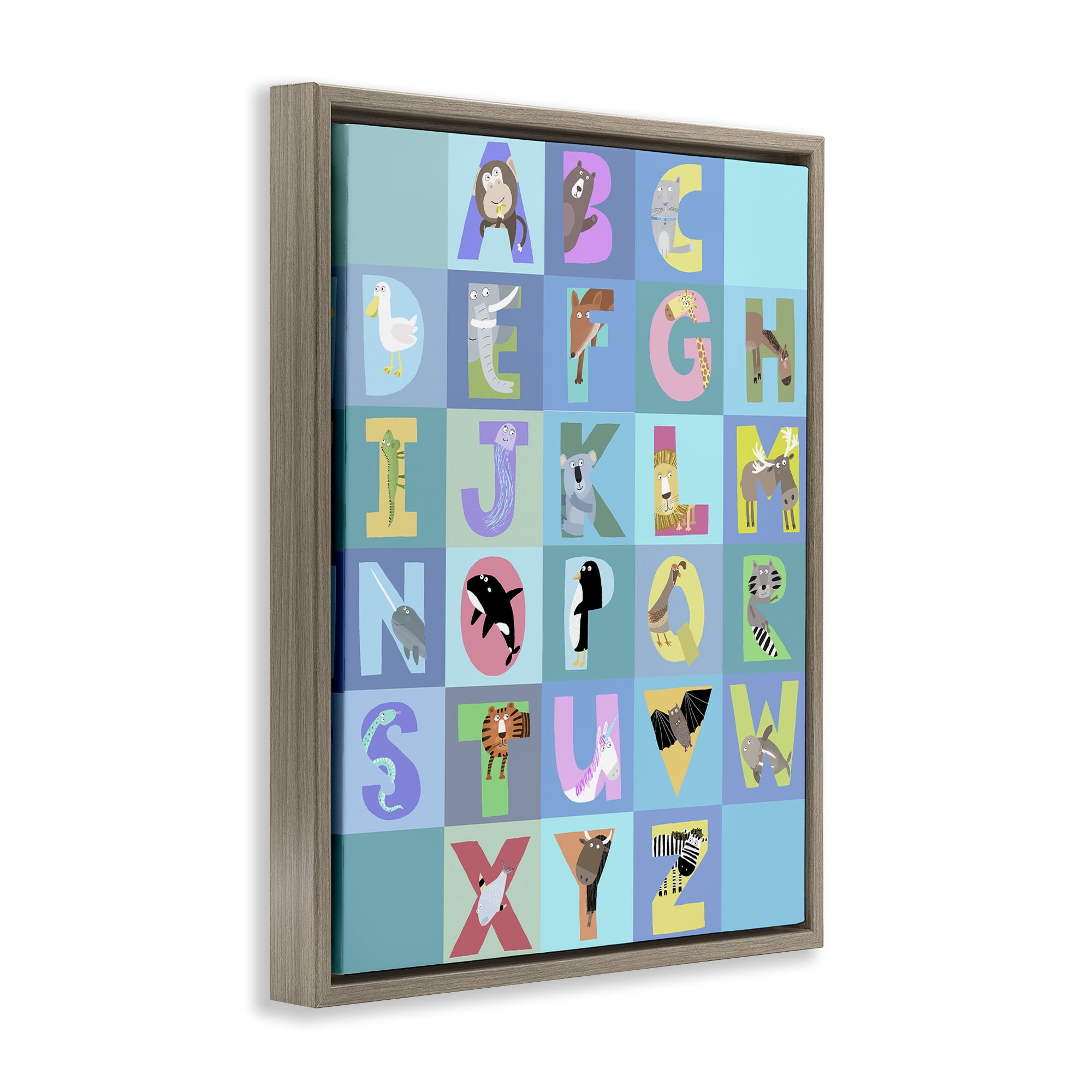 Stupell Industries Animal Alphabet in Blue Brown Framed Floater Canvas Wall Art, design by Carla Daly