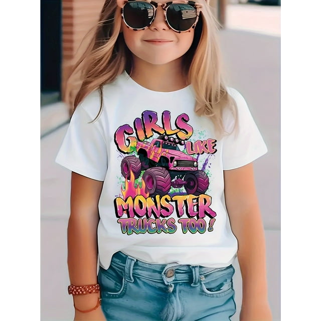 Girls' Cute Casual Fashion Printed Short Sleeve T-Shirt, "Girls Like Monster Trucks Too" Graphic Tee, Spring Summer Top