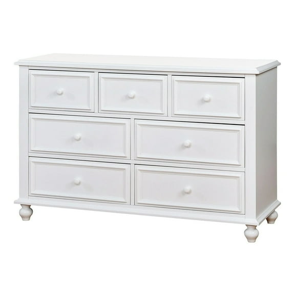 Kny Wide Dresser, 7 Drawers, Turned Feet, Traditional White Solid Wood