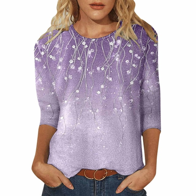 Hauts de Printemps pour Femmes à Paillettes Imprimé Décontracté Col Rond Manches Trois-Quarts T-Shirts pour Femmes Violet L
