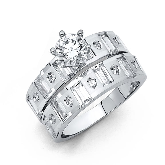 Wellingsale Ladies Solid 14k White Gold Polished CZ Cubic Zirconia Round Cut Engagement Ring and Wedding Band Bridal Set - Size 4