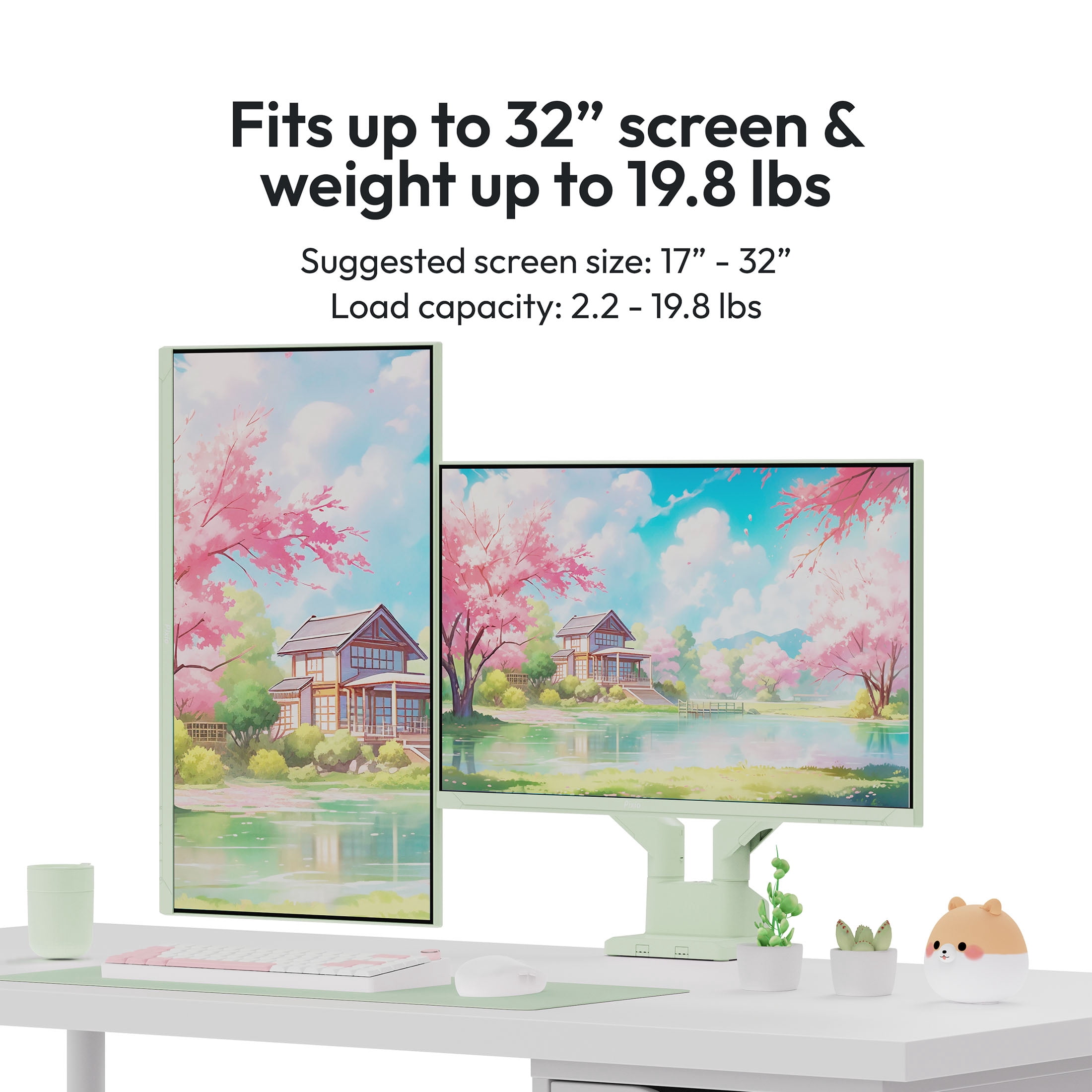 Pixio PS1D Wave Mint Green Dual Monitor Arm Stand Desk Mount - Fits up to 32 inches Monitors and up to 19.8lbs. VESA Compatibility and Integrated Cable Management