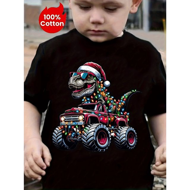 Youngsters' Christmas Dinosaur Truck Print T-Shirt, 100% Cotton Crew Neck Short Sleeve Casual Tee for Boys, Summer Knit Fabric Top with Regular Fit