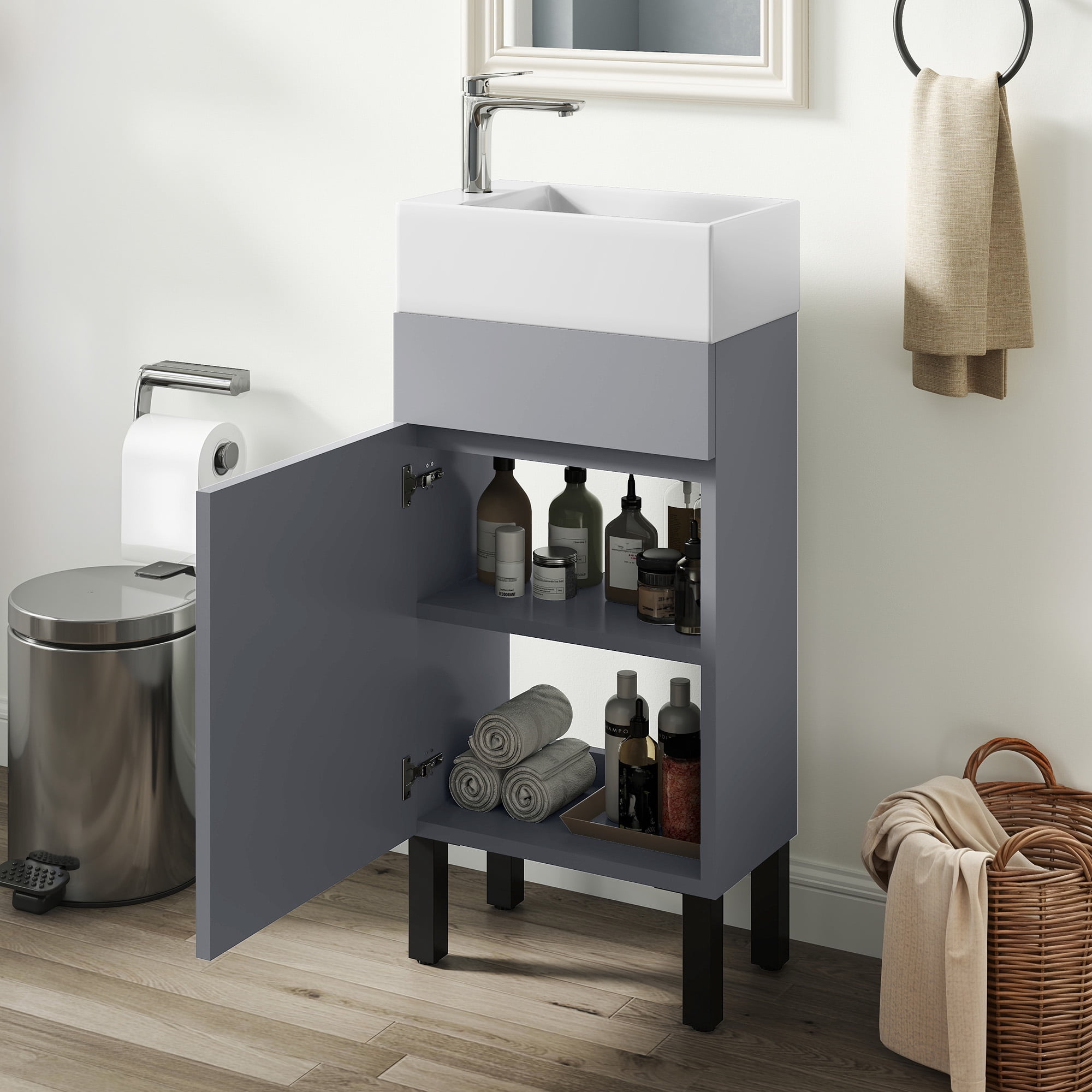 Uforic 16" Bathroom Vanity with Top Sink, Modern Free Standing Small Bathroom Storage Cabinet with Soft Close Door, Gray