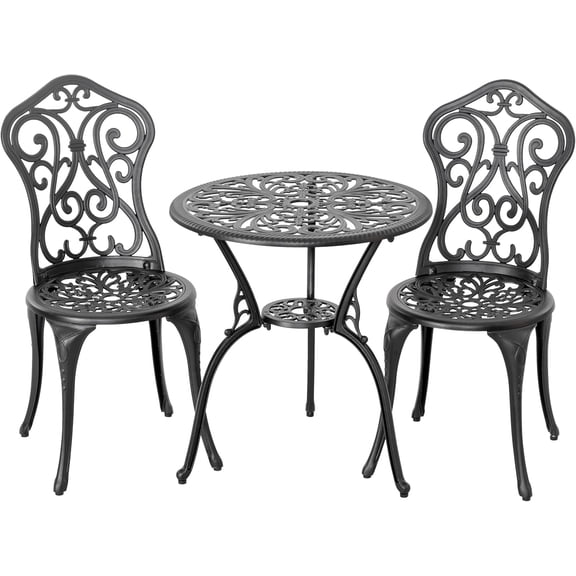 NUU GARDEN 3 Pieces Patio Bistro Set, Round Table with Umbrella Hole, Outdoor Bistro Set with 2 Chairs, All-Weather Outdoor Patio Bistro Set for Garden, Lawn, Poolside, Porch, Black