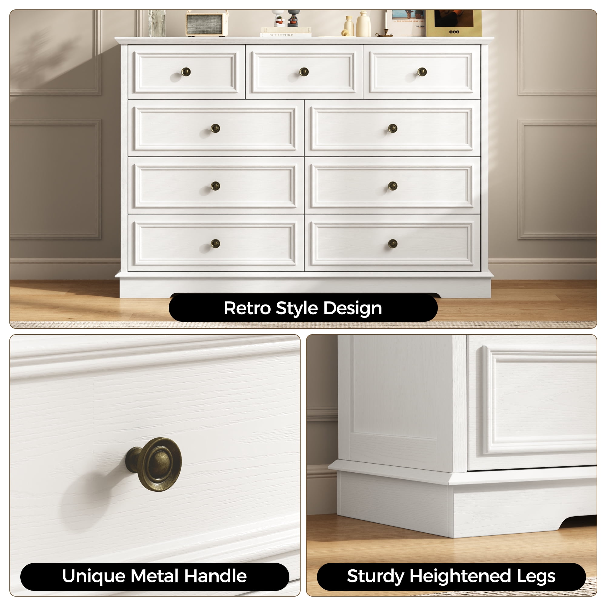 IDEALSOUL White Dresser, 9 Drawer Dresser with Round Metal Handle, 47.2" Retro Wood Storage Cabinet with 6 large drawer and 2 Small drawer for Living Room, Bedroom, Hallway