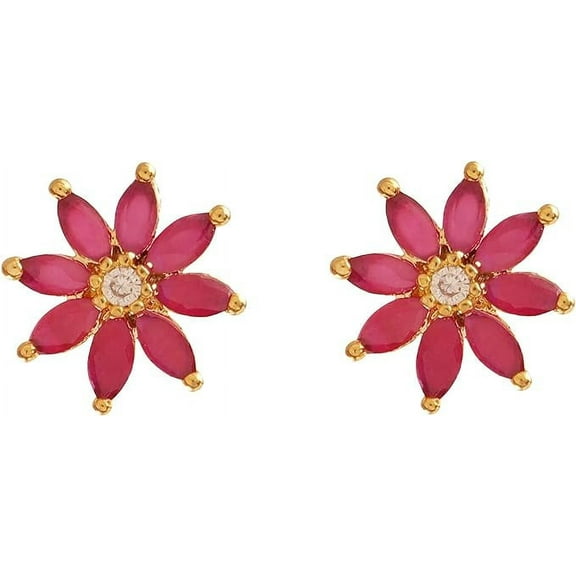 GOLD PLATED CZ & PINK FLOWER STUD EARRING