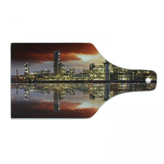 Industrial Cutting Board, Oil Refinery Petrochemical Industry Water Reflection and Dramatic Sky Twilight, Tempered Glass Cutting and Serving Board, Wine Bottle Shape, Multicolor, by Ambesonne