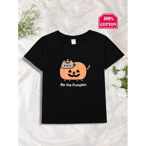 Girls' Halloween "Be The Pumpkin" Cat & Pumpkin Cartoon T-Shirt - 100% Cotton Short Sleeve Casual Top, Machine Washable Spring/Summer Playful Tee for Youngsters, Halloween Clothes, Spri