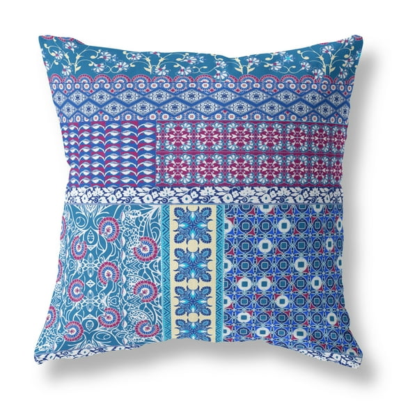 Flower Castle Patchwork Indoor/Outdoor Fabric Pillow with Zip -Blue Maroon 16x16