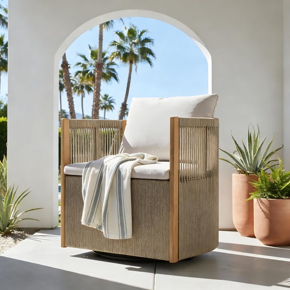 Christopher Knight Home Bohemian Acacia Wood Outdoor 360° Swivel Chair with Beige Rope and Cushion