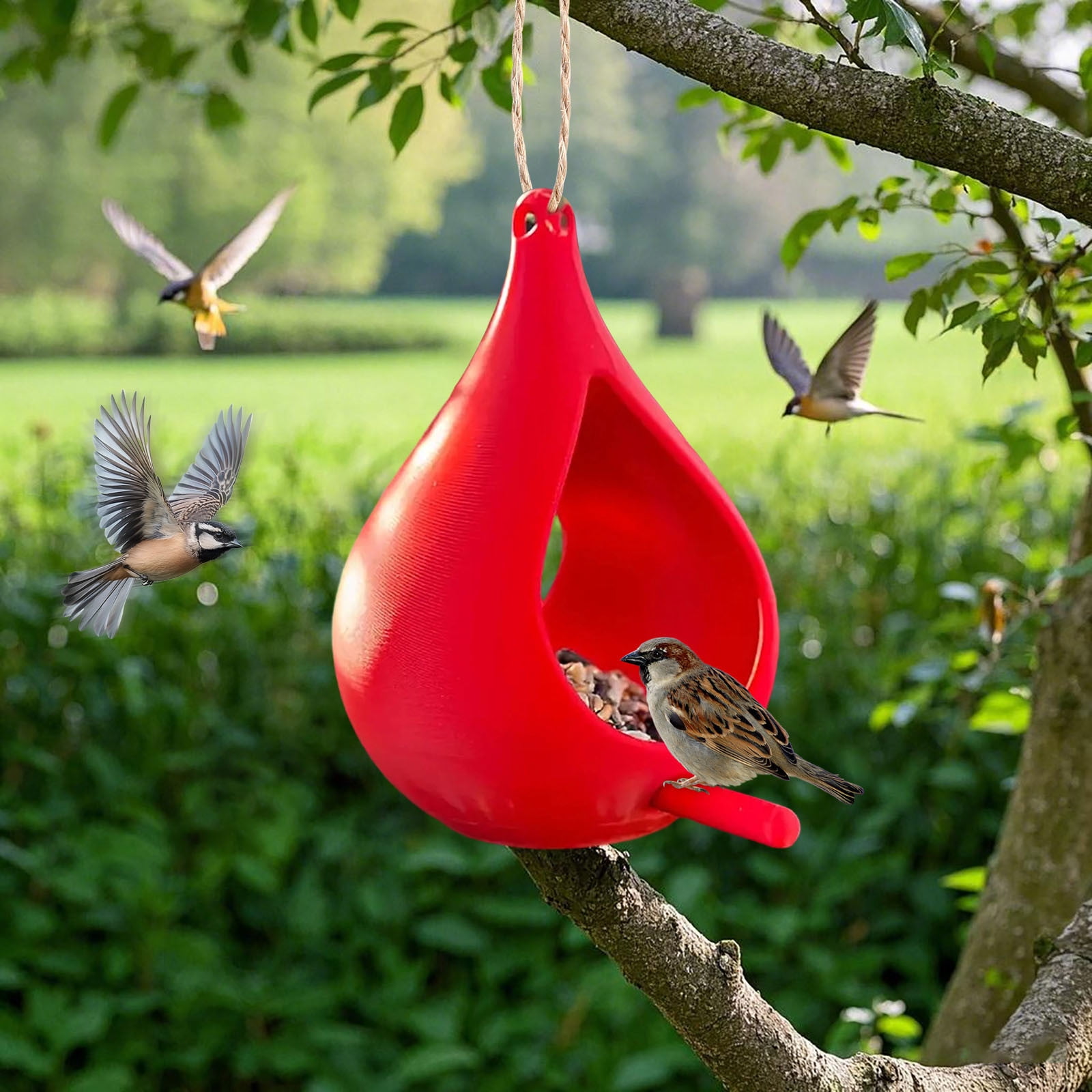 Handcrafted Hanging Fly-Through Feeder for Outdoor Garden & Backyard, Glass Bird Feeder, Decorative Wild Bird Feeder with Steel Wire Cable for Attracting Wilds Birds