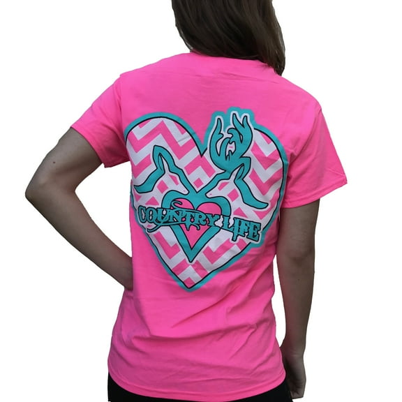 country life kissing chevron deer heart pink and aqua short sleeve shirt (medium)