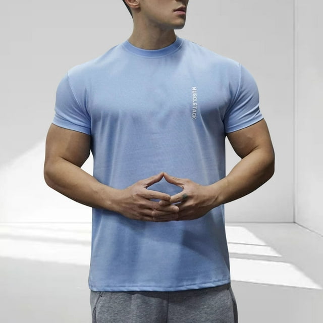 Blusas y camisas de manga corta y cuello redondo para hombre. Blusas casuales de verano para hombre, de manga corta, de color liso, con cuello redondo, para fitness. Blusas de poliéster para hombre.