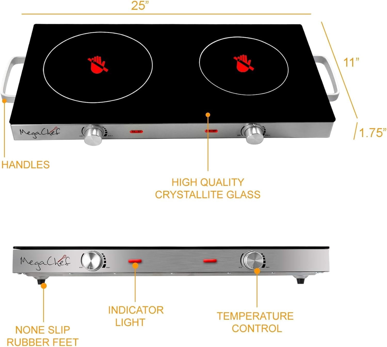 MegaChef Ceramic Infrared Double Electric Cooktop – Dual Burner, Portable Countertop Cooktop with Adjustable Heat Control, Easy Clean Glass Top & Stainless Steel Body
