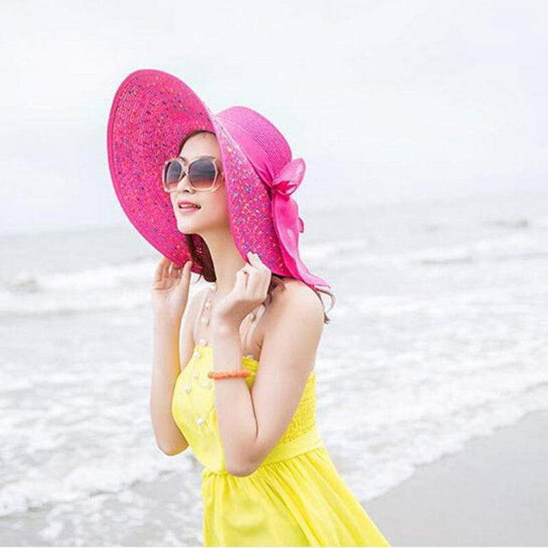 Sun Hat Women Colorful Big Brim Straw Bow Hat Sun Floppy Wide Brim Hats  Beach Cap Hats For Women Straw Hot Pink