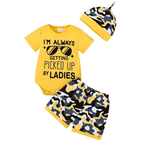 WUANDIXFA Baby Boy Clothes Letter Printed Romper Shorts Summer Outfits Camo Clothing Set 0 3 6 9 12 Months (Yellow, 0-3 Months)