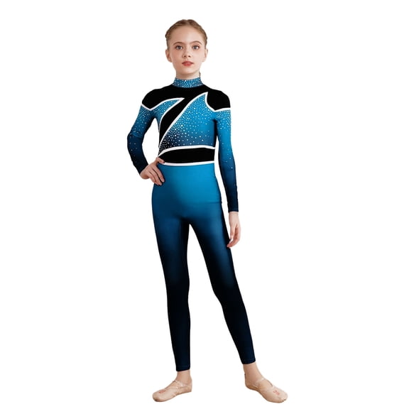 TiaoBug Kids Girls Sparkly Color Block Gymnastics Leotard Full Body Jumpsuit Long Sleeve Skating Bodysuit Light Blue 8