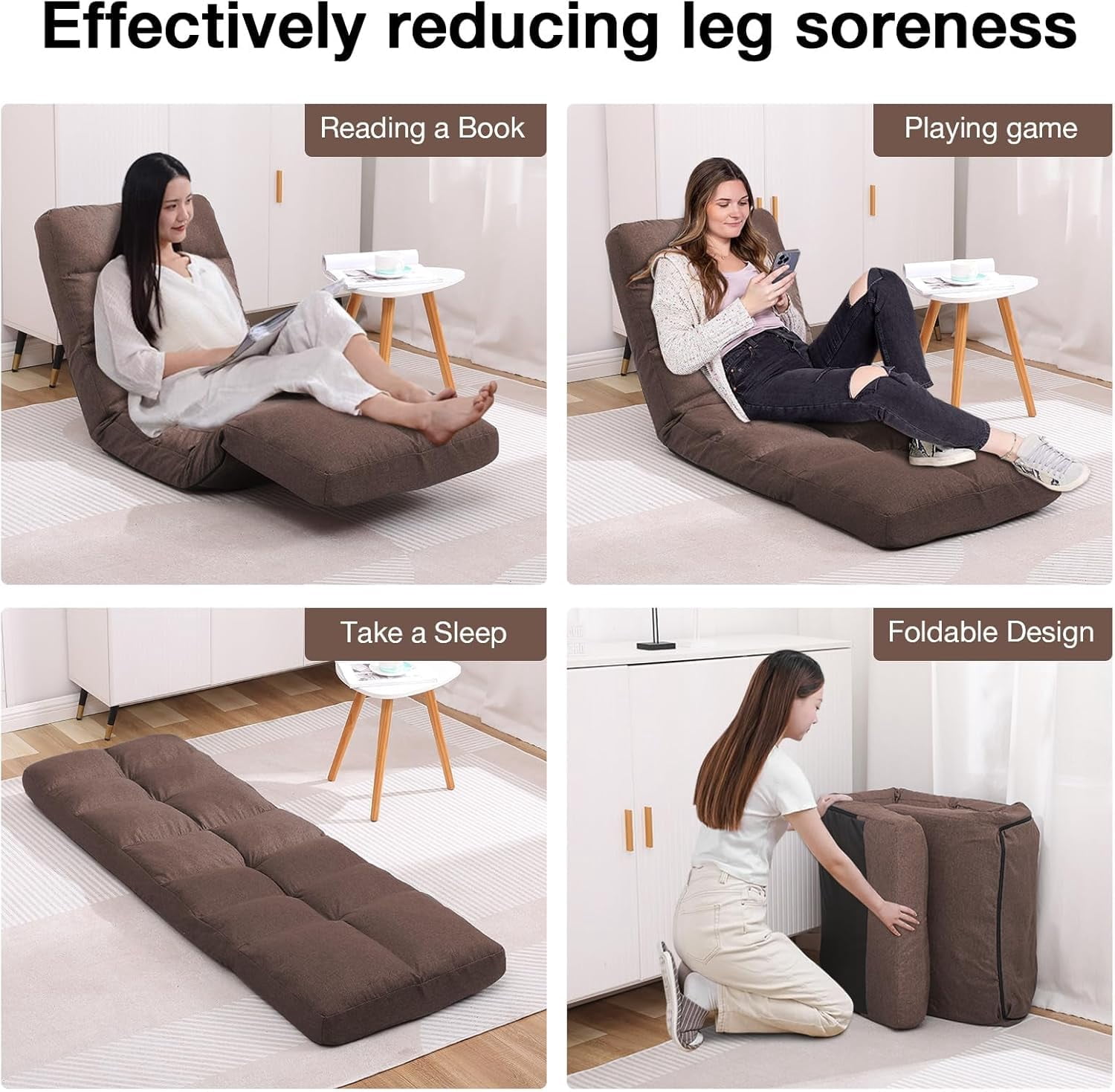 Floor Chair with Footrest Adjustable Backrest with 14 Positions Footrest 5-Position Adjustment Foldable Floor Gaming Chair for Easy Storage Linen Fabirc Chaise Lounge