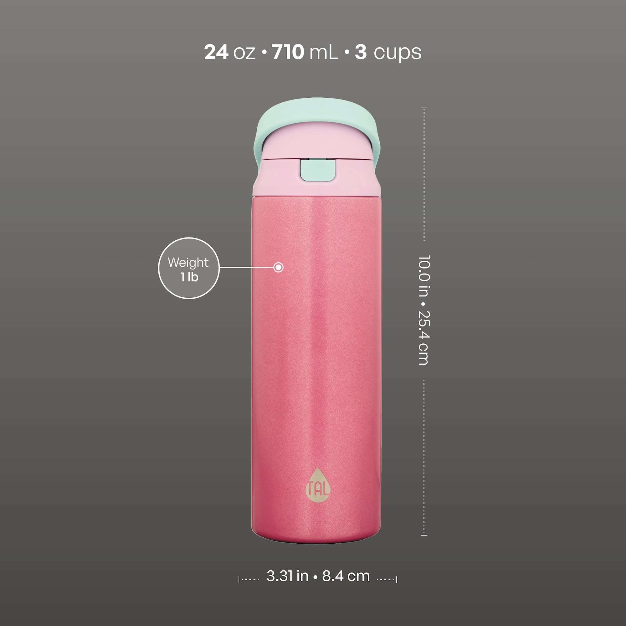 TAL 24oz Stainless Steel 2-in-1 Straw and Chug Water Bottle with Push Lid, Pink Shimmer