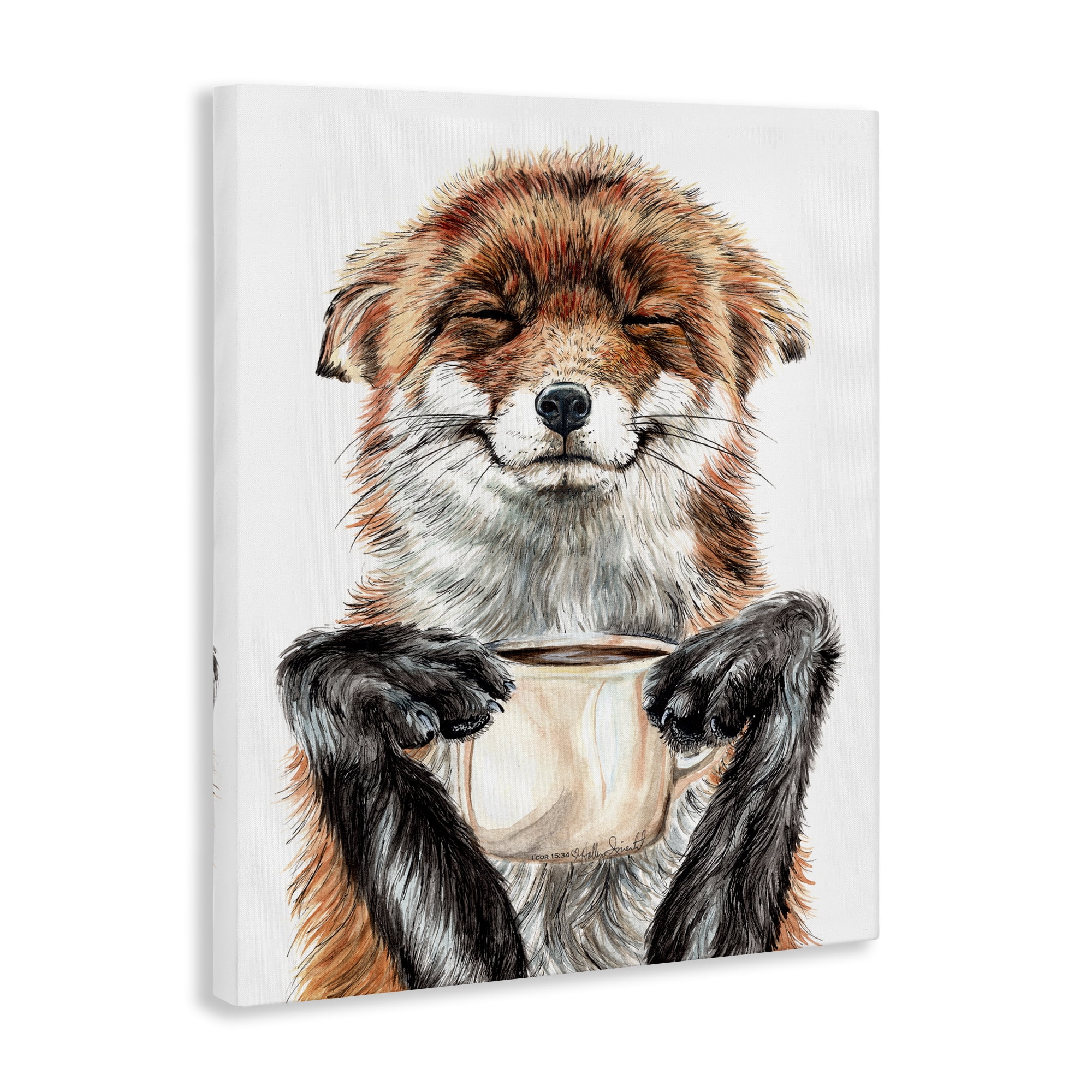 Stupell Industries Happy Fox with Coffee Animals Painting Wrapped Canvas Canvas Art Print Wall Art, 30 x 40