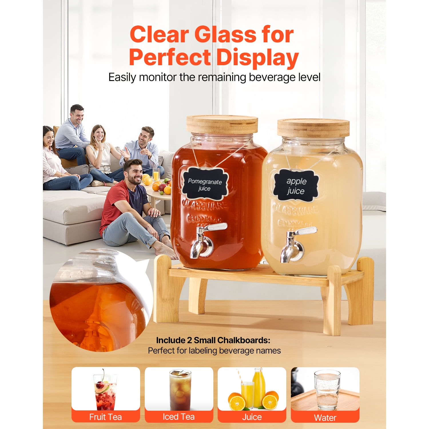 KFFKFF Set of 2 Glass Beverage Dispensers with Wooden Stand, 1-Gallon Capacity, Stainless Steel Spigot, and Infuser – Ideal for Serving Juice, Iced Tea, Lemonade, or Water at Gatherings