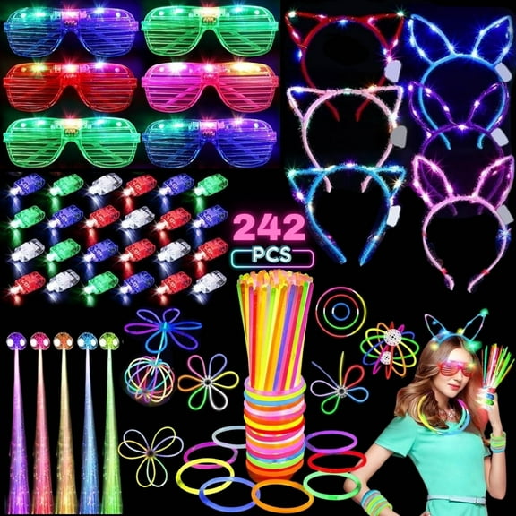 242PCS Glow in the Dark Party Supplies, Light Up Glasses, Headband, Rings, 100 Glow Sticks Bulk Party Pack for Neon Party, Wedding, Birthday, Concert, New Year, Carnivals, Raves