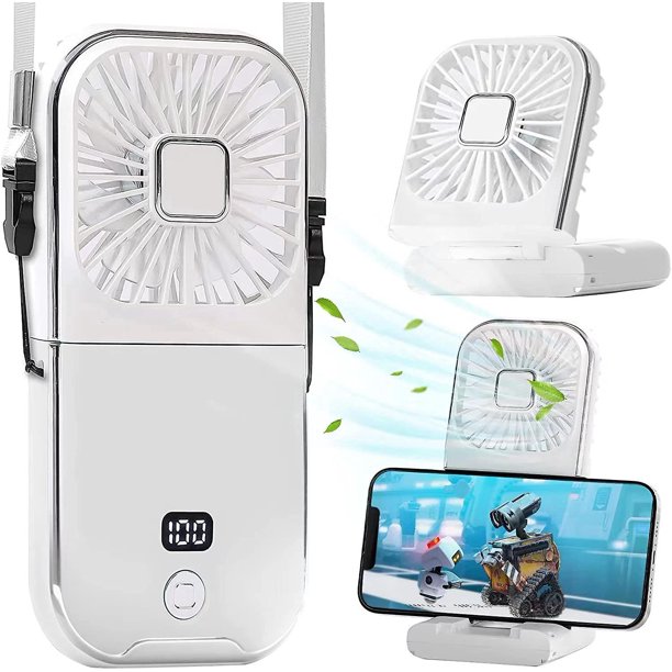 Mini ventilador portátil USB plegable personal para cuello/ventilador de mano con banco de energía de 3000 Mah, pantalla inteligente tipo C, soporte para teléfono, ajuste de 4 velocidades para