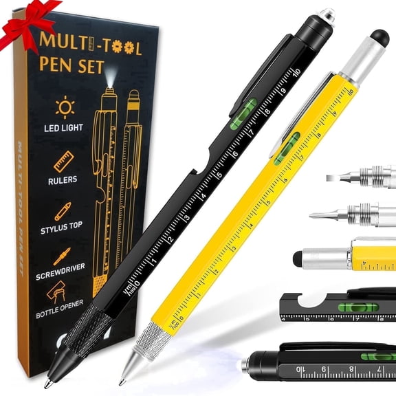 2 Pack Multitool Pen Set, 9 in 1 Pocket Multi Tool Pen with Light, Stylus, Ruler, Screwdriver, Level and Bottle Opener, Perfect for Outdoor and Daily Use, Fathers Day Birthday Gifts for Men Dad