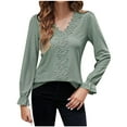 thumbnail image 3 of Fall Saving! HVOBTTY Womens Long Sleeve Pullover T Shirt, Fall Tops for Women, Women's Casual Solid Color Hollow Out Floral V Neck T Shirt Green, XL, 3 of 5