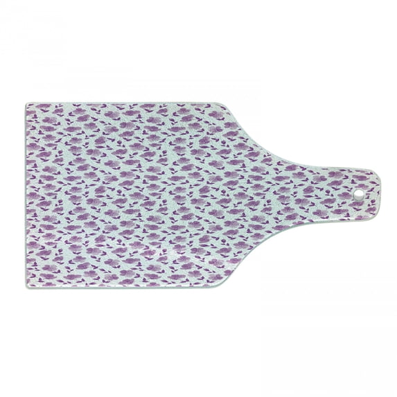Flower Cutting Board, Floral Pattern Romantic Spring Valentines Day Wedding Anniversary Theme Art, Decorative Tempered Glass Cutting and Serving Board, Wine Bottle Shape, Violet White, by Ambesonne