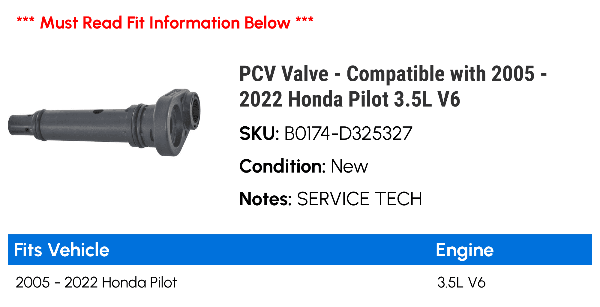 PCV Valve - Compatible with 2005 - 2022 Honda Pilot 3.5L V6 2006 2007 2008 2009 2010 2011 2012 2013 2014 2015 2016 2017 2018 2019 2020 2021