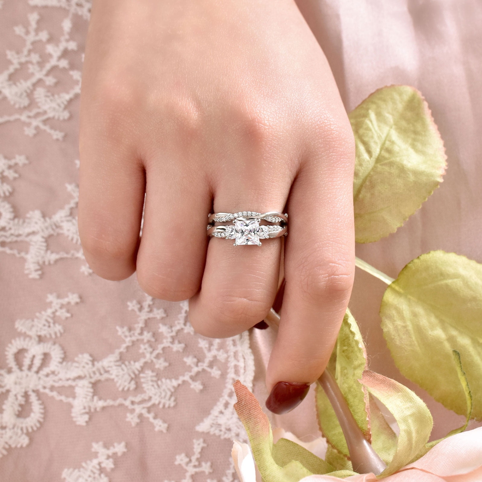 Wuziwen 1 Carat Wedding Ring Sets Infinity Band Princess Sterling Silver Rings for Women CZ Size 7