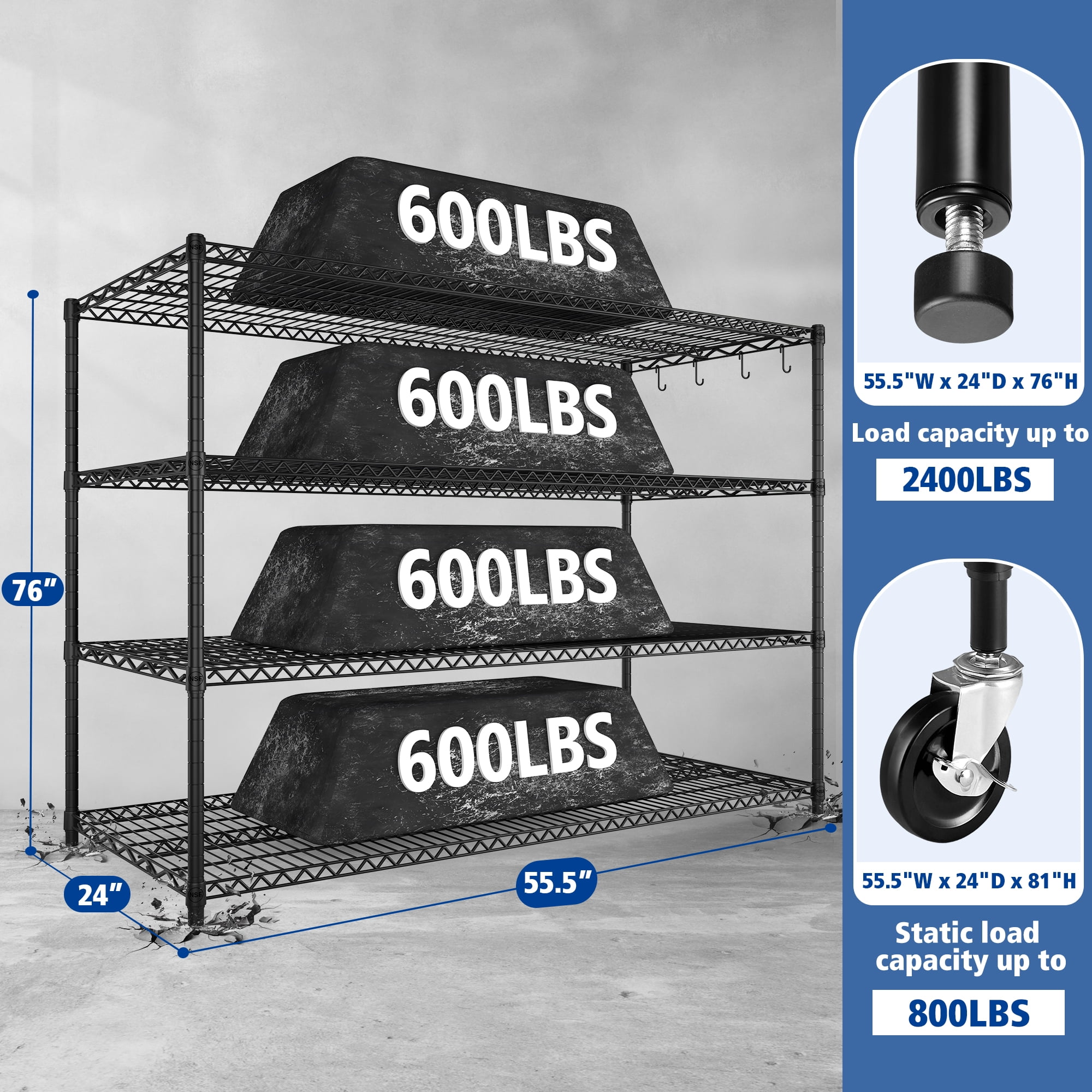 TrumanPick 55.5"W x 24"D x 76"H Heavy Duty Storage Shelves - 2400LBS Garage Shelving with Wheels & Feet, 4-Tier Adjustable Metal Wire Shelving Unit for Pantry Kitchen Commercial Industrial, Black