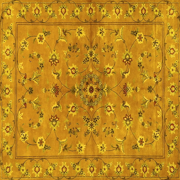Ahgly Company Machine Washable Indoor Square Persian Yellow Traditional Area Rugs, 7' Square