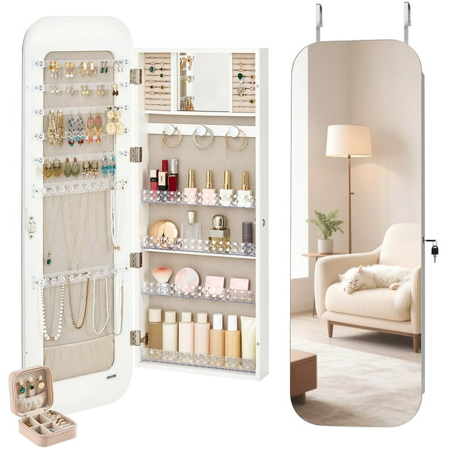 VEVOR Jewelry Cabinet, 42.5-inch Tall, Full-Length Mirror with Storage, Wall Mount/Over the Door Jewelry Armoire Organizer, Rounded Design, Lockable with 2 Keys and a Travel Organizer, White