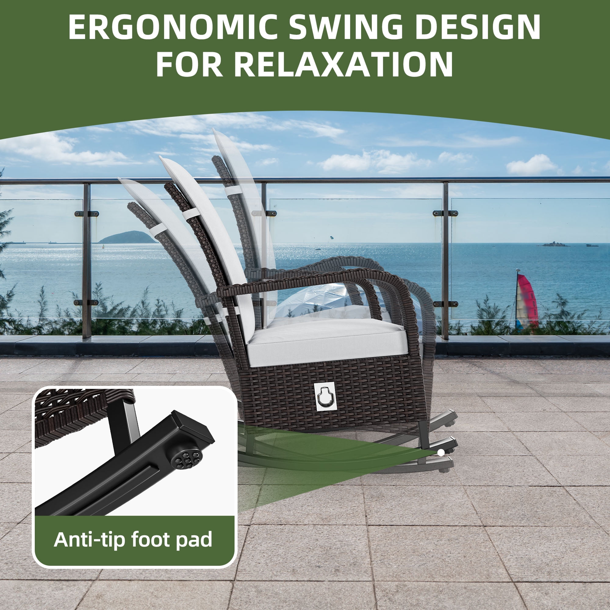 Uforic Outdoor Iron + PE Woven Rattan Rocking Chair with Footrest, Reclining, Brown Gradient Rattan & Beige Cushion, 2 Pcs