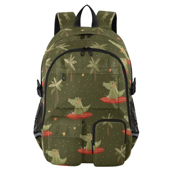 Large Capacity Student Backpack, 14 Inch Laptop Backpack, Wear-Resistant Polyester Travel Backpack with Reflective Strips for Commuting Outdoor Cute Crocodile Seamless