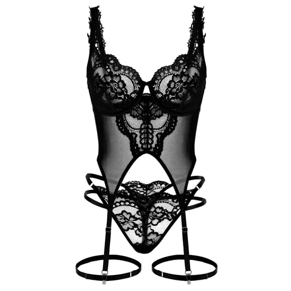 Ausing Women's Sexy Lace Lingerie Set with Garter Belts 3-Piece Teddy Bodysuit Underwire Embroidered Corset Panty Leg Loop Outfits L Black