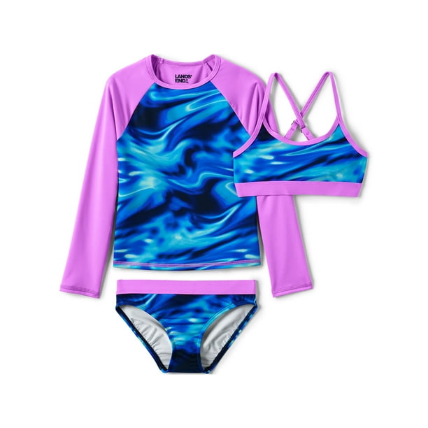 Lands' End Girls Slim Rash Guard Swim Top Bikini Top and Bottoms UPF 50