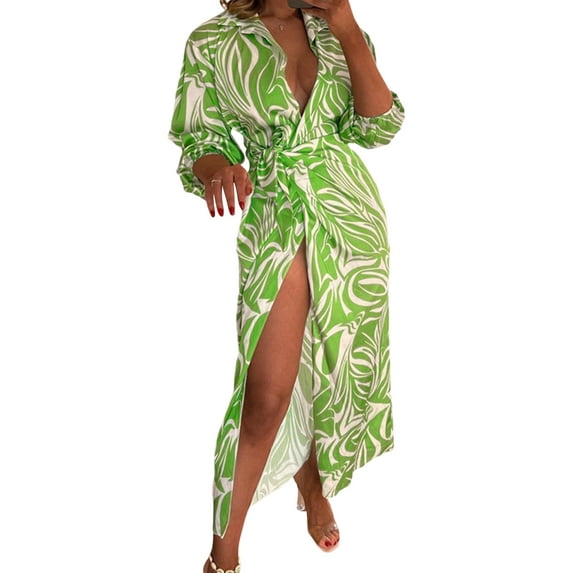 hirigin Women?s Sexy V Neck Long Shirt Dress Printed Long Sleeve High Split Pleated Maxi Dress with Belt Streetwear (White Green, Medium)