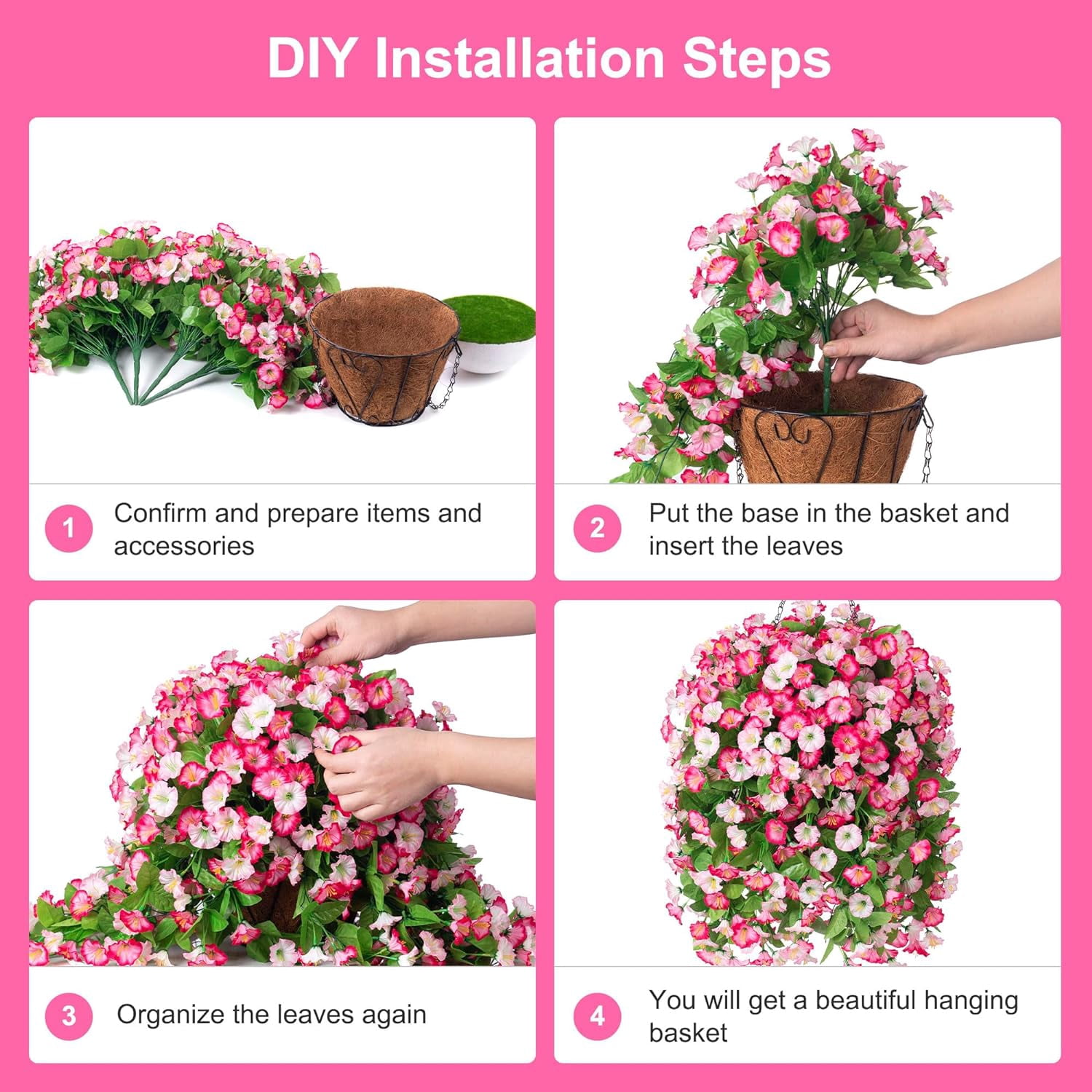 Hanging Baskets with Artificial Flowers for Plants Outdoor Indoor, Faux Silk Morning Glory Vines, Faux Green Plant Arrangement for Garden Patio Decoration(Darkorchid)