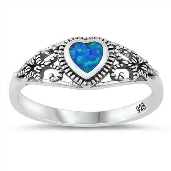 Blue Simulated Opal Heart Filigree Oxidized Ring .925 Sterling Silver Band CZ Female Size 9