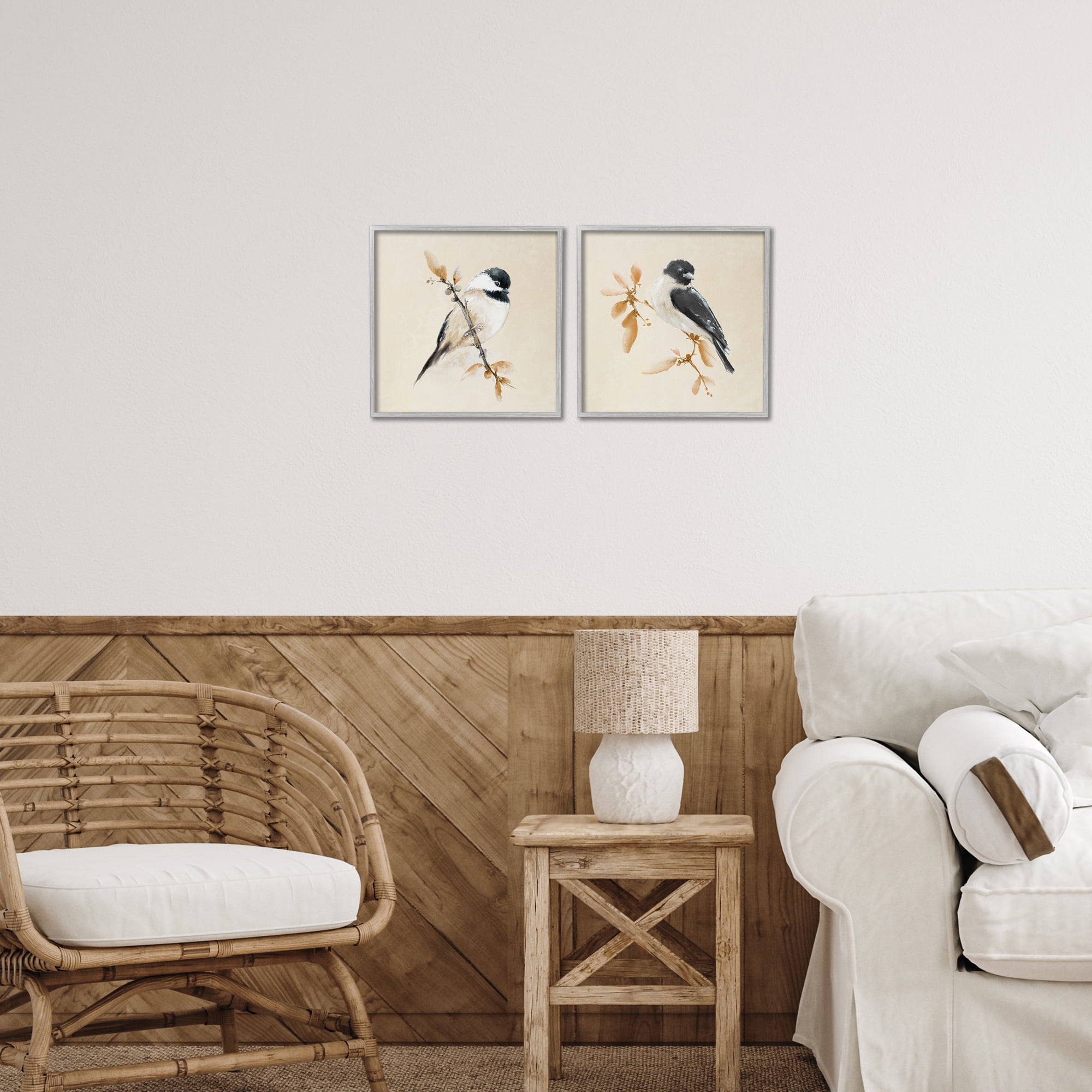 Stupell Industries Muted Chickadees on Beige 2 Piece Gray Framed Giclee Art Set, design by Diannart
