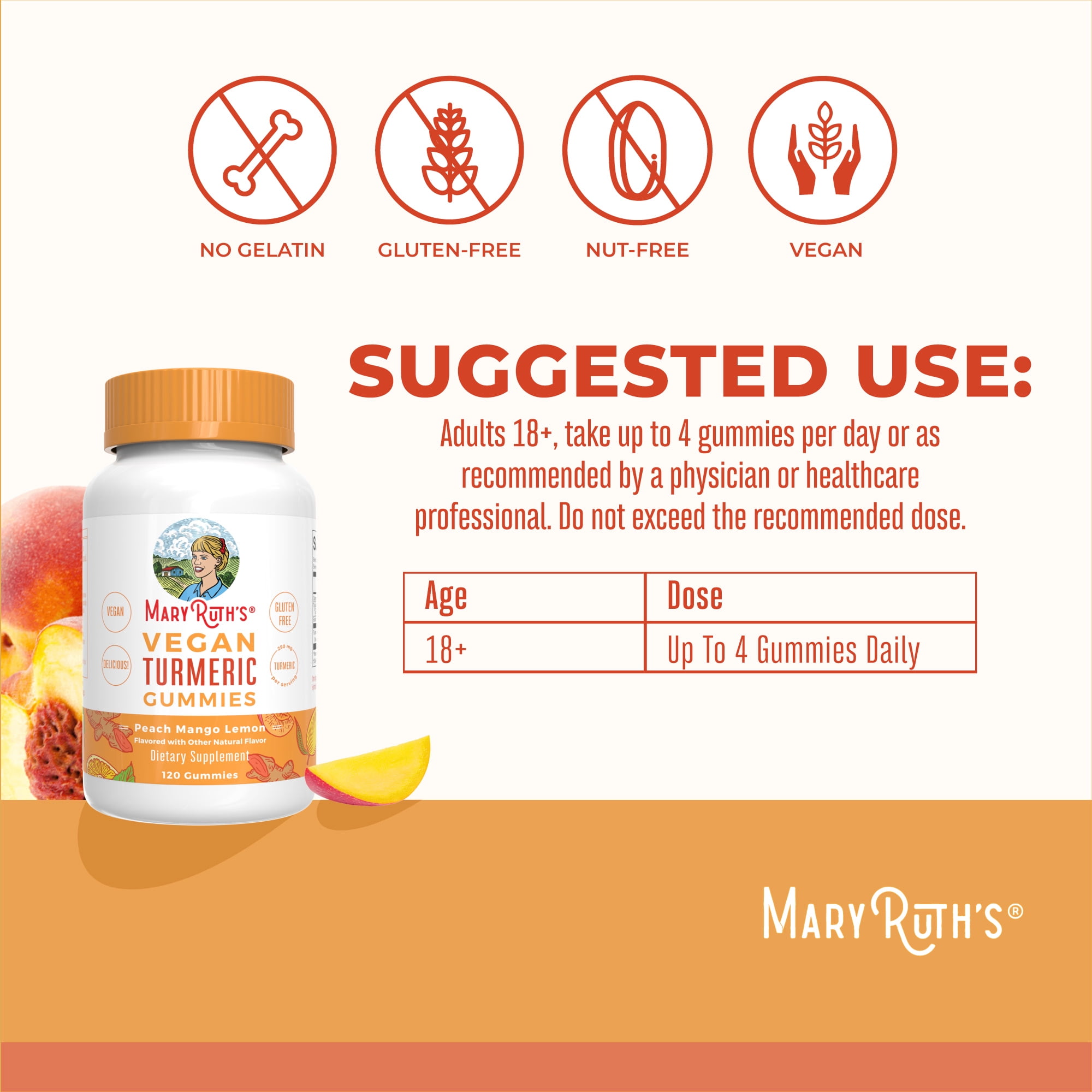 MaryRuth's Turmeric Gummies with Curcumin, Vegan, Non-GMO, Gluten Free, Peach, Mango & Lemon, Unisex, Adults 18+, 120 Count