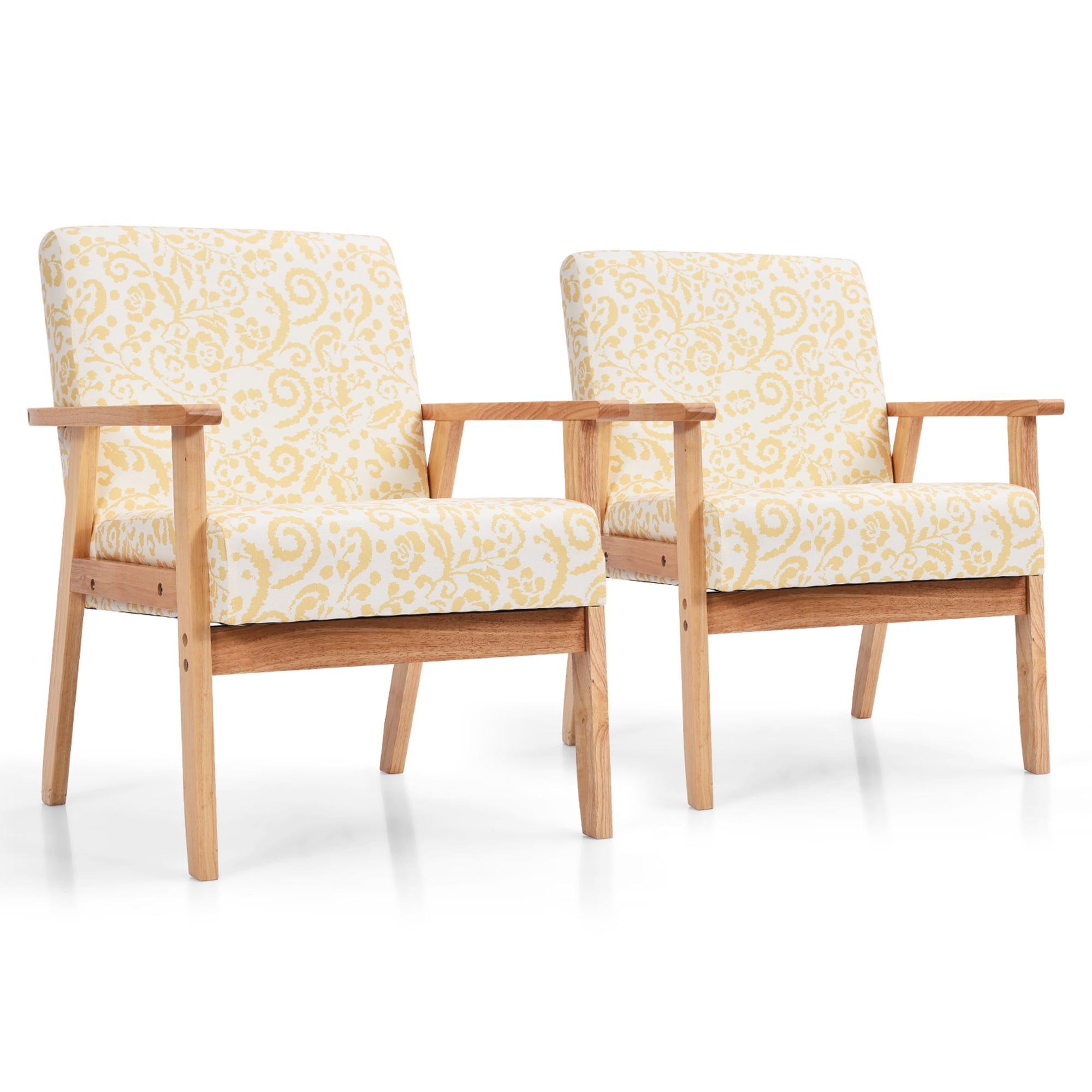 Gymax 2PCS Home Office Accent Armchair Upholstered Chair w/ Wooden Frame Yellow