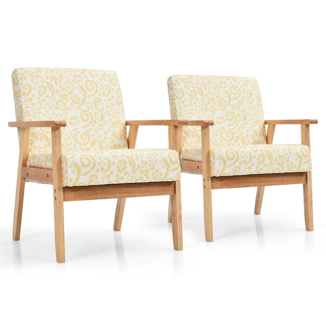Gymax 2PCS Accent Armchair Upholstered Chair Home Office w/ Wooden Frame Yellow