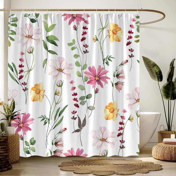 Watercolor Floral Shower Curtain Rustic Flower Wildflower Plant Spring Botanical Fabric Bathroom Decor Sets with Hooks-36"W x 72"L (Pack of 1)