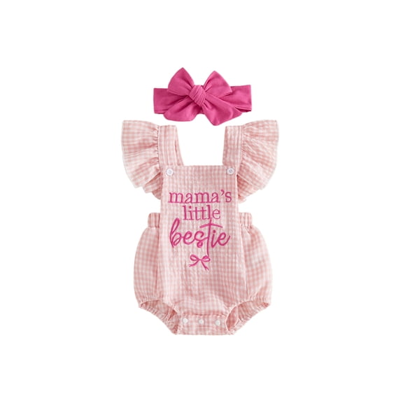Cjfdfy Newborn Baby Girl Summer Clothes Baby Girls Mama's Little Bestie Daddy's Little Girl Outfit Ruffled Sleeveless Bow Embroidery Plaid Romper Headband Set