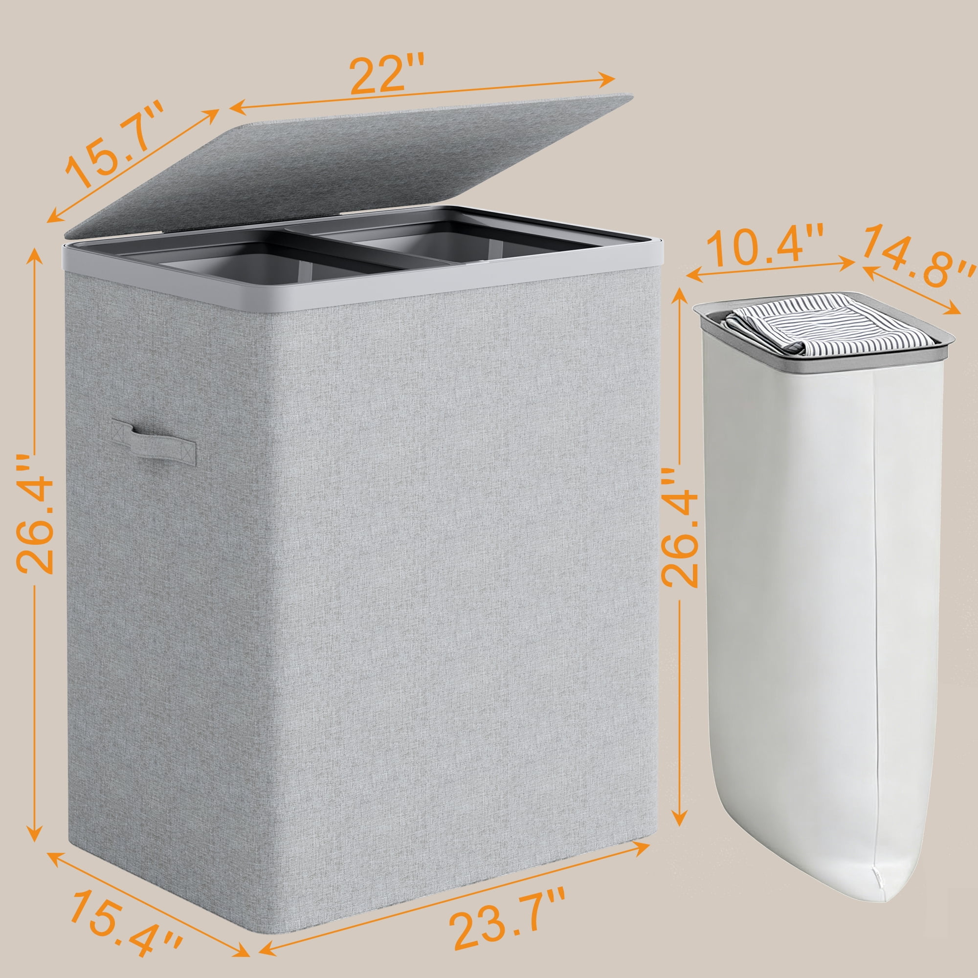 BGTREND 150L Double Laundry Hamper with Lid, 2 Removable Washing Bags with Handles, Large Clothes Sorter for Easy Separation (Gray)
